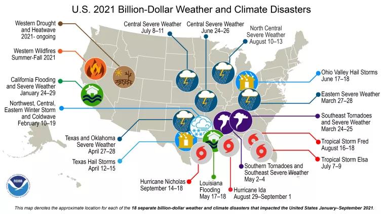 Map showing the approximate locations of 18 billion-dollar weather and climate disasters that took place between January 1 and September 2021 in the United States. There are 9 severe storm events, 4 tropical cyclone events, 2 flooding events, and 1 drough