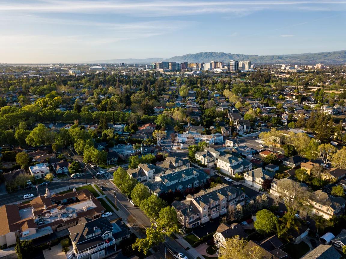 An aerial view of homes in San Jose, California
