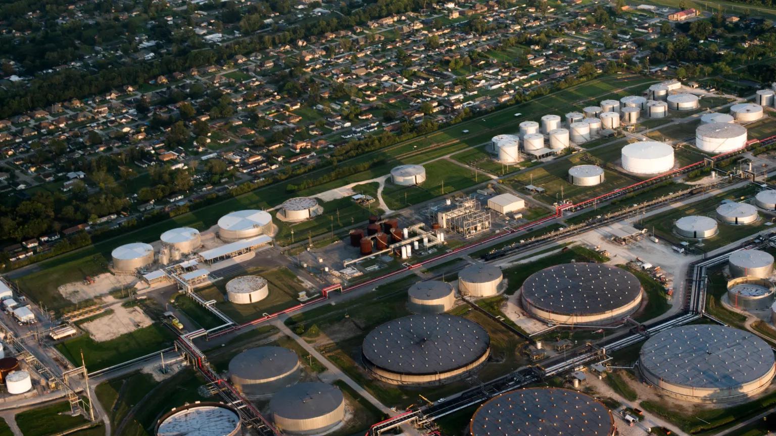 An aerial view of chemical plants in Baton Rouge, Louisiana