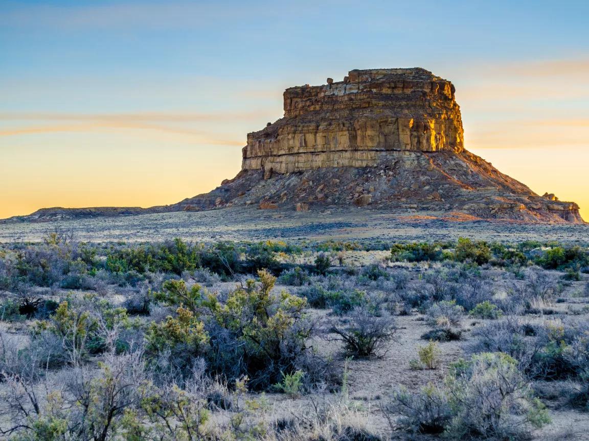 A view of Fajada Butte with the sunset in the background in Chaco Culture National Historical Park, New Mexico