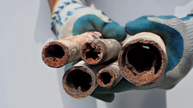 A worker holding several corroded and rusty water pipes removed from an apartment building during replacement copper piping installation.