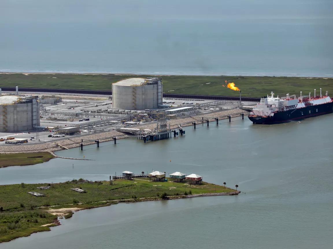 A view of a liquefied natural gas tanker ship approaching Venture Global's Calcasieu Pass LNG export facility in Cameron, Parish, Louisiana