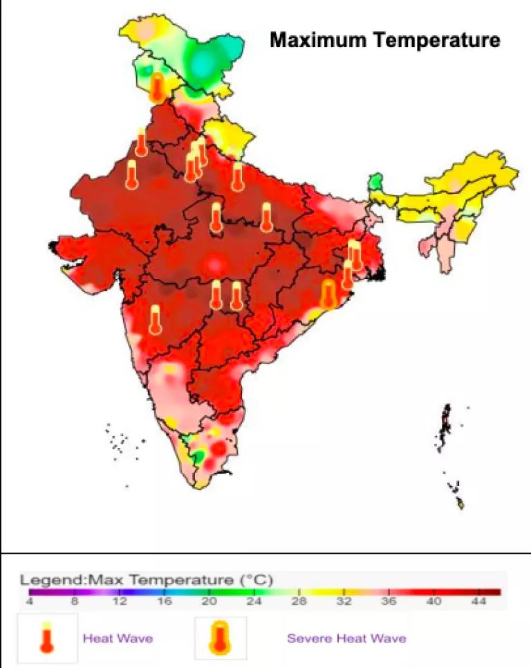 Map of India where nearly the whole country is under a very extreme heatwave