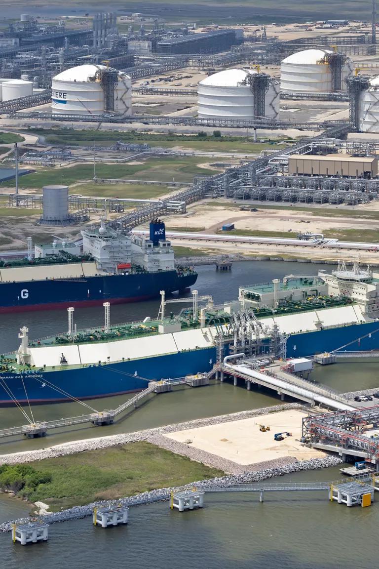 An aerial view of tanker ships docked at Cheniere Energy’s Sabine Pass liquefied natural gas facility in Louisiana