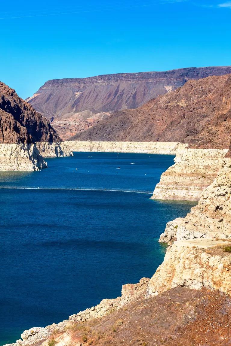A view of a "bathtub ring" in Nevada's Lake Mead, marking the historically low water levels in the lake