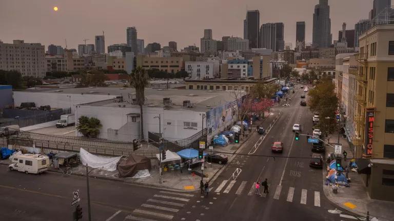 An aerial view of homeless encampments on Skid Row